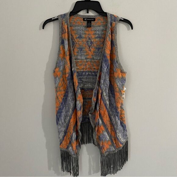 INC Womens Aztec Print Fringe Open Front Winter Vest Orange M - Picture 1 of 3